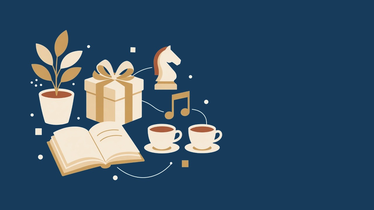 Ilustração de uma caixa de presente aberta com um livro, notas musicais e uma peça de quebra-cabeça saindo dela, em azul, bege e dourado